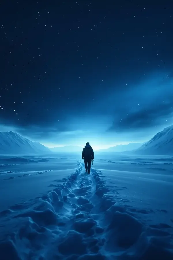 动作电影苔原猎人海报，苔藓荒原上独行的猎人与远处绿色悬崖